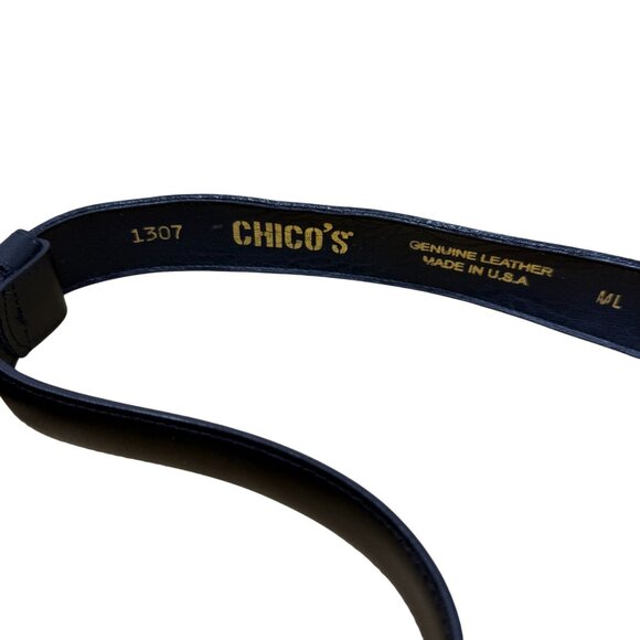 Vintage Chicos Black Leather Statement Belt Silver Ring Adjustable Size ML SA - Picture 4 of 6